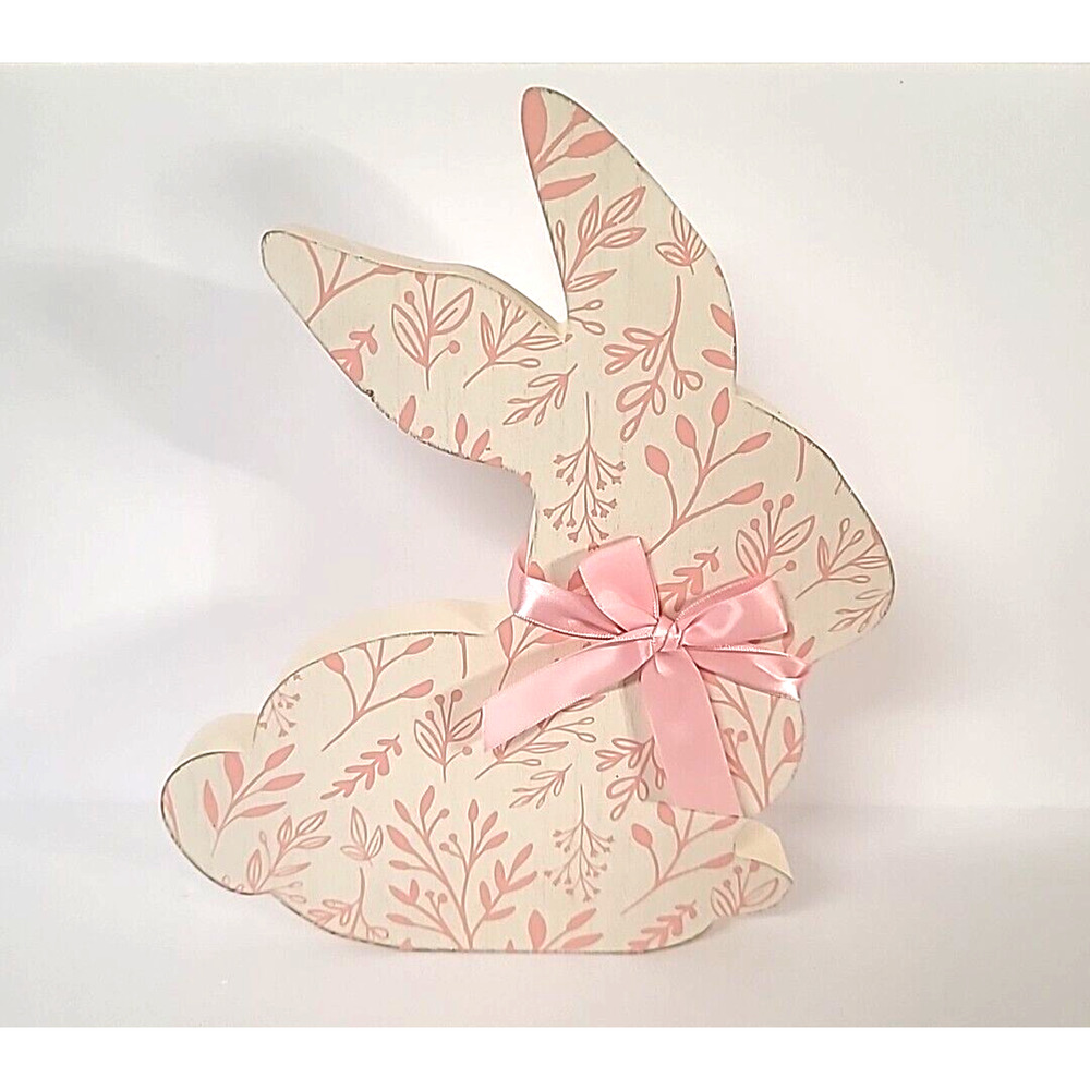Wooden Pink Easter Bunny Silhouette with Floral Print & Pink Bow 10-5/8"H